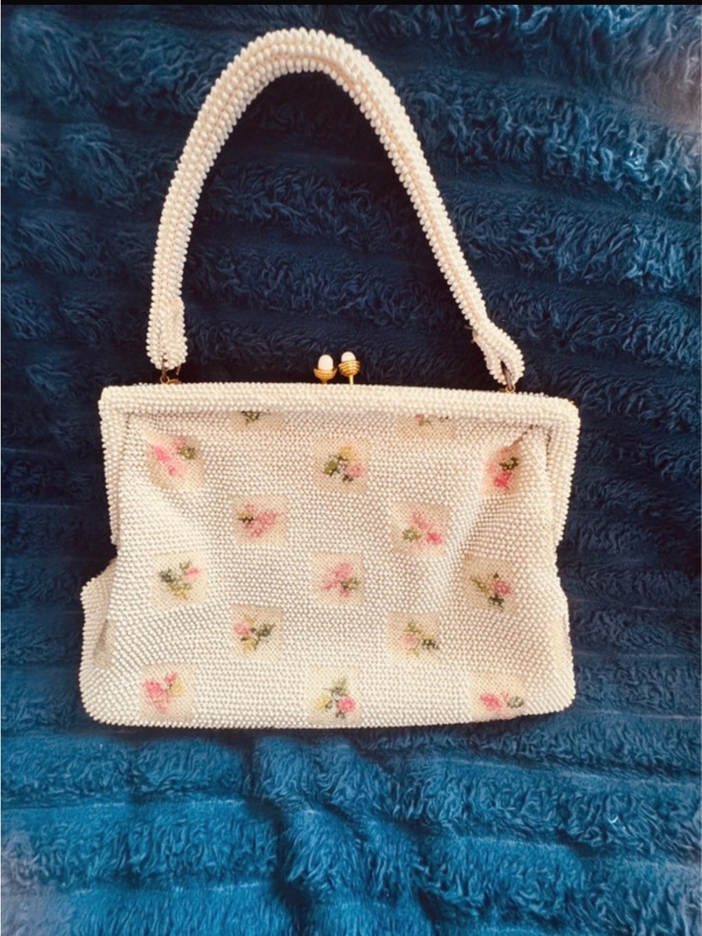 Beaded White Floral Clutch with Pink Accents